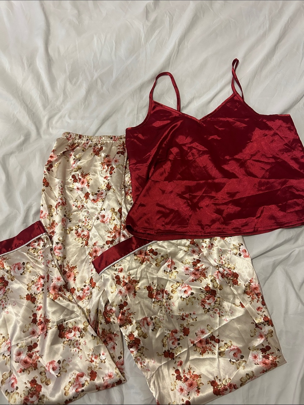 Red Satin Cami and Cream Floral Satin Pajama Set
